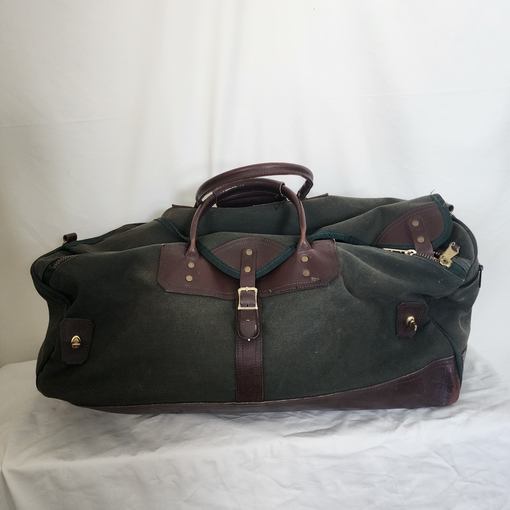 Orvis Battenkill Canvas Duffle Bag Green Leather 30" Made In USA Vintage 80's